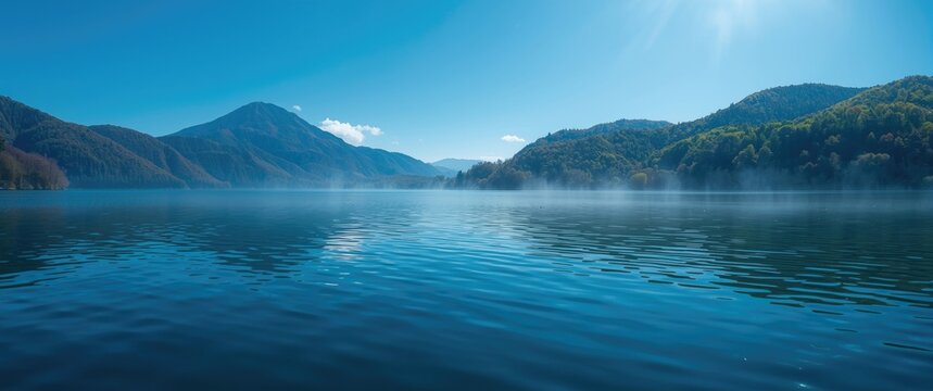 Beautiful spring landscape featuring a dam lake in Gunma Prefecture surrounded by water, sky, and mountains
