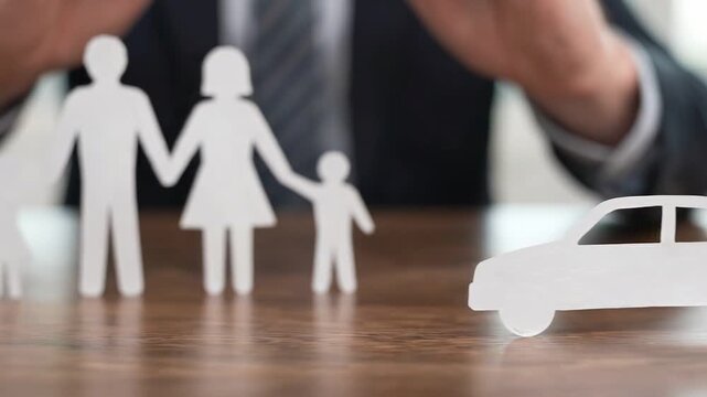 paper cutouts of a house, family, and car appear on a table, symbolizing protection by a person with hands in the background. This evokes feelings of safety, security, and trust. Perf