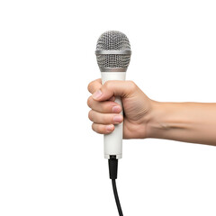 Hand holding a silver and microphone with cable isolated on a transparent background