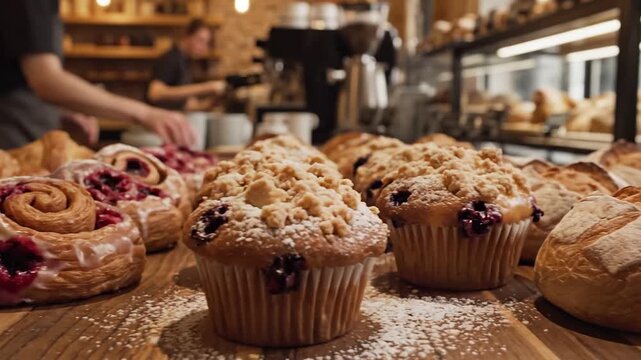 Close-up of freshly baked golden croissants, berry swirls, and crumble muffins displayed on a wooden counter in a warm, rustic bakery or coffee shop e