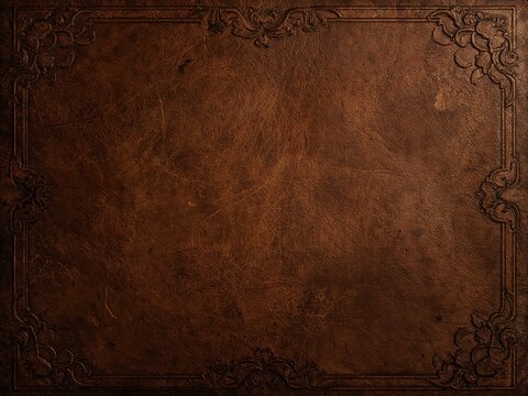 Rich brown leather texture background with embossed ornate vintage decorative borders. This elegant, dark template provides copy space for a classic design.