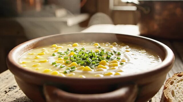 Delicious homemade corn chowder soup in a rustic wooden bowl with bread.