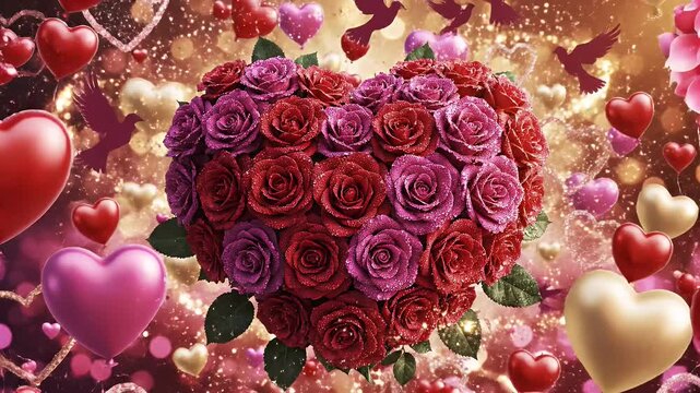 Floral Heart Valentine's Day Background - This romantic video features a heart-shaped bouquet of red and purple roses against a bokeh background of hearts, doves and glittering lights, perfect for