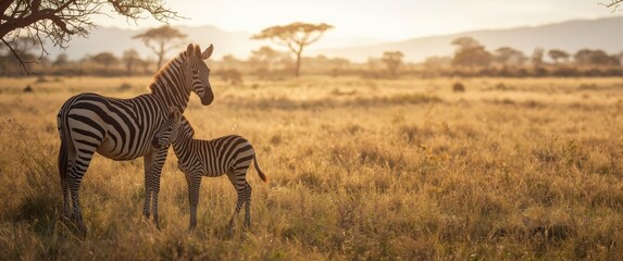 Obraz premium African Savannah Scene with Zebra Foal and Its Mother in Tanzania on a Bright Day