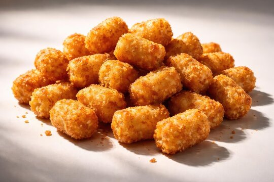 Food photography featuring crunchy golden tater tots piled on smooth white backdrop
