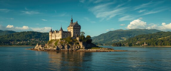 Obraz premium An ancient castle majestically situated on a rocky island surrounded by peaceful river waters, backed by green hills and a bright sky