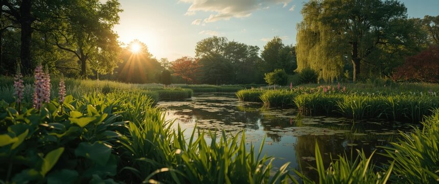 Sunset in a garden featuring vibrant green plants, water, and summer landscape