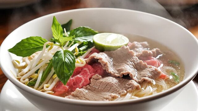 Pouring steaming hot broth from a ladle onto a bowl of traditional Vietnamese Pho Bo with rare beef, rice noodles, bean sprouts, and fresh Thai basil 