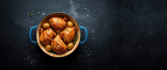 Baking chicken thighs and potatoes in a casserole dish ready to go