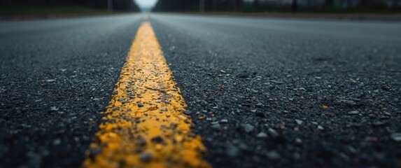 Detailed view of a dark grey asphalt street separated by yellow lines