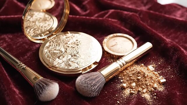 Elegant Makeup Tools and Powder Spilled on Velvet Surface for Artistic Beauty Arrangement