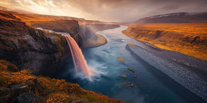 Lava cascading over rocks at Hraunfoss, natural erosion process, Earth Day