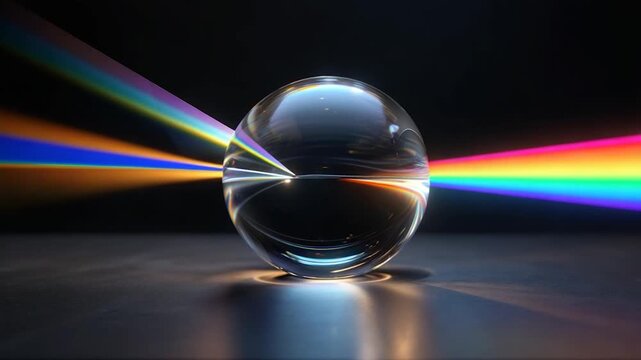 A clear sphere refracts light, splitting into a spectrum of vibrant colors against a dark background