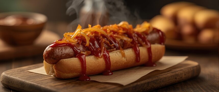 Quick Austrian Snack with Bratwurst, Onions, Ketchup, and Curry Spices
