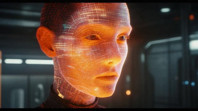 A close-up of a female face constructed of wireframe lines, illuminated with purple light