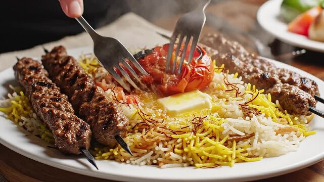 Authentic Persian Chelow Kebab with Saffron Rice, Grilled Tomato, and Melting Butter. Two Forks Ready to Dig In. Close-up, Steaming Hot Food.