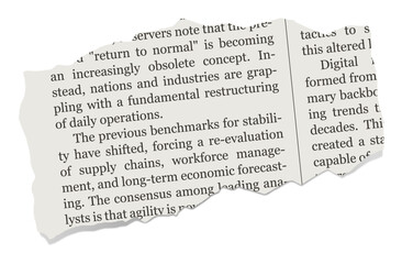 Naklejka premium Realistic illustration of a torn newspaper piece with shadow. Isolated paper scrap with business text on white background.