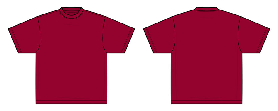 Red Oversized Cropped Street T-Shirt Technical Fashion Illustration. Modern Drop Shoulder Boxy Tee Vector Template. Front and Back Views. Unisex Apparel CAD Mockup.