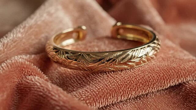 Close-up of Elegant Gold Ring with intricate engraved patterns resting on soft textured fabric surface showcasing detailed