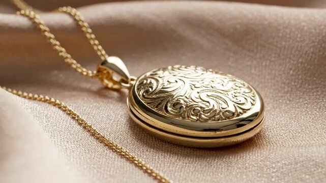 Elegant antique gold locket necklace showcased on silky fabric background emphasizing timeless jewelry design