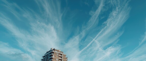 Naklejka premium Low angle view of a residential building's exterior featuring balconies under a blue sky. Space for text