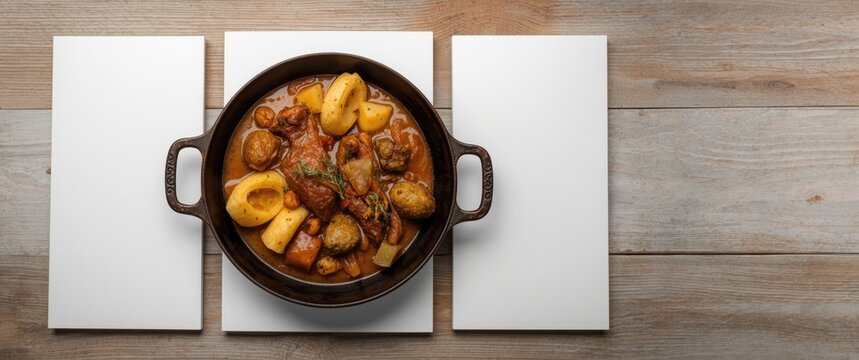 Peruvian Andean dish of Inca heritage: olluquito with charqui, alpaca dried meat, and olluco tuber stew served in an iron cast pan on white boards, flat lay