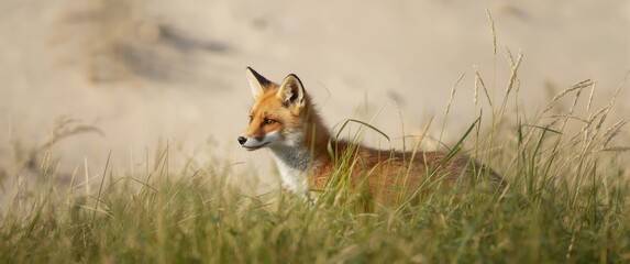 Fototapeta premium Red Fox on Alert in the Dunes at Amsterdamse Waterleiding Duinen, Netherlands