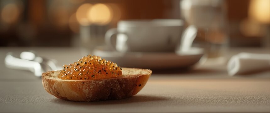 Isolated Lumpfish caviar on bread, food scene, restaurant, fish, luxury dining, breakfast, healthy sandwich