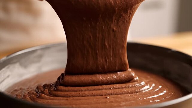 Close-up of rich, smooth chocolate cake batter slowly pouring from a mixing bowl into a round springform pan lined with parchment paper, preparing for