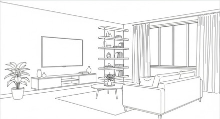 Modern Living Room Interior Design Sketch with Furniture and Decor. © Hari