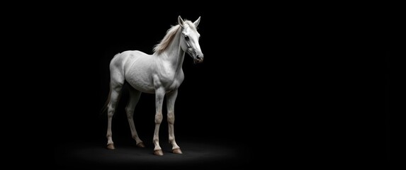 Fototapeta premium Isolated white horse, young and facing away, dark background with space for text