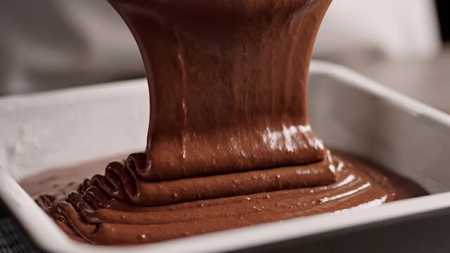 Decadent Chocolate Batter Being Poured Into a Lined Rectangular Baking Pan, Ready for Oven Baking and Homemade Dessert Preparation