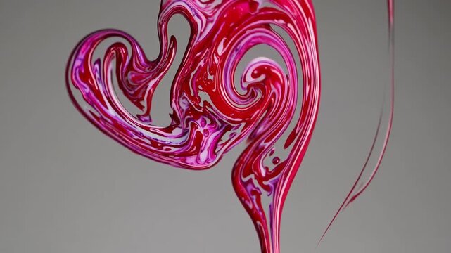 Dynamic splash of vibrant magenta red liquid swirling in mid-air against gray background, with floating droplets, abstract motion blur for artistic fluid dynamics and ink effect