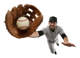 Hispanic baseball player reaching out to catch ball in exaggerated zoom perspective angle
