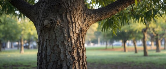 Naklejka premium Tree trunk with sawn branch wounds in close-up, blurred background, illustrating seasonal pruning and rejuvenation in urban trees