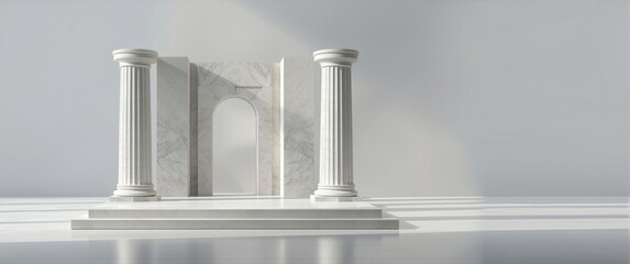 Naklejka premium Platform and display stand designed after Greek Doric pillars featuring clean, bright backdrop with space for marketing products, services, and museum expansions