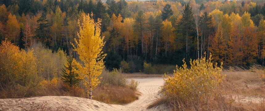 Colorful fall young bitch forest above sandy dune in Mazoviecki Landscape Park close to Karczew, Warsaw area of Mazovia, Poland