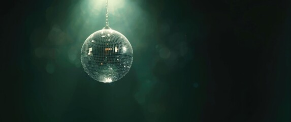 Glittering disco ball illuminated on a dark green background