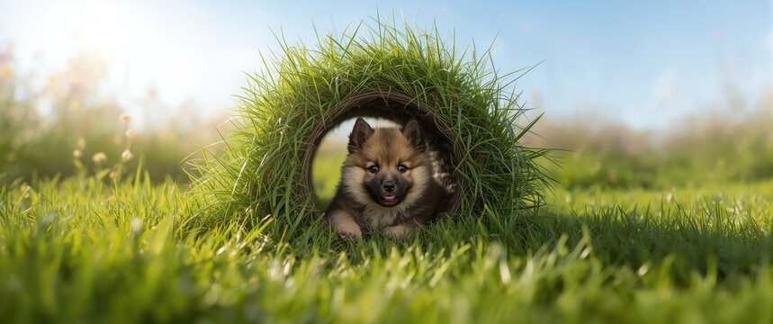 Young keeshond puppy with a summer cut in a tunnel, amidst green grass, nature, and garden scenes, adorable pet