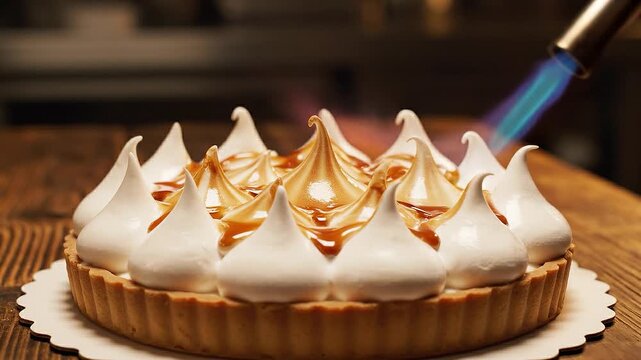 Close-up shot of a chef torching a lemon meringue tart with a culinary butane torch, caramelizing the sugary peaks for a golden-brown finish.