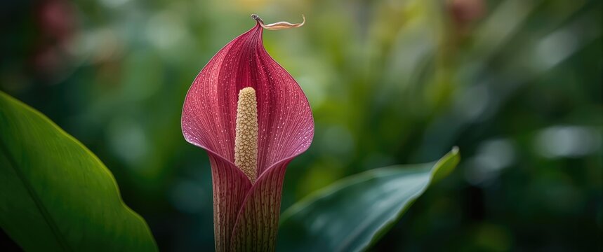 Detailed macro shot of the stinky and smelly Amorphophallus konjac flower, also called woodoo lily, against a garden scene