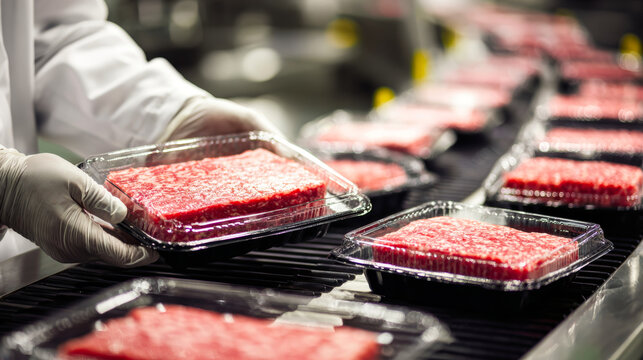 A worker uses gloves to pack raw meatloaf into black plastic containers in a food processing plant focused on producing semi-finished meat products