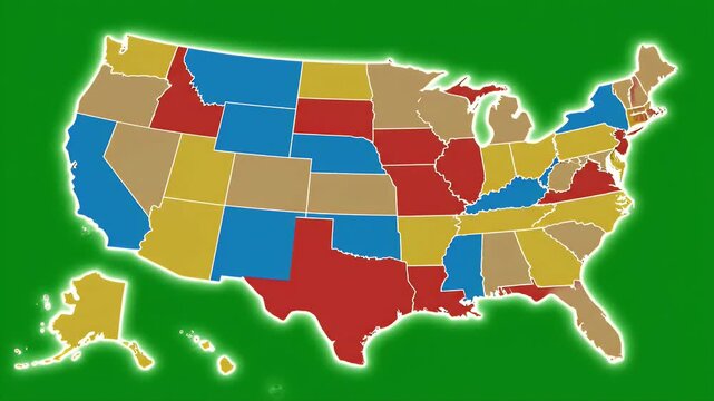 USA Map with States Color-Coded - An illustration of the United States map, with each state filled with a different color and a bright white glow surrounding the borders.