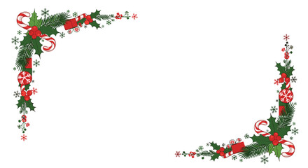 Festive Christmas frame corner design with pine needles, red berries, candy canes, and snowflakes on white background.