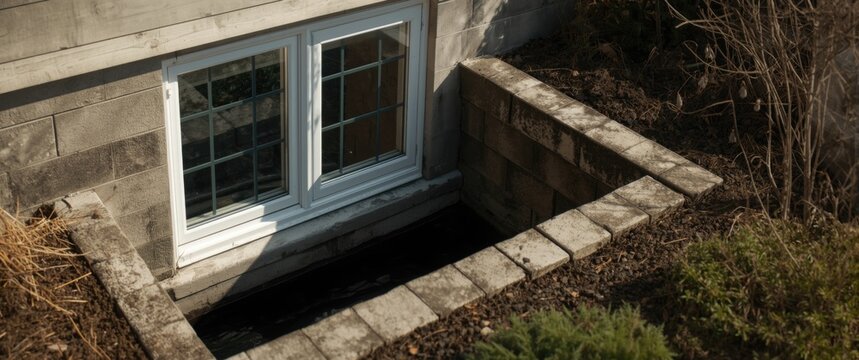 Photograph of renovated basement windows and stone-lined window well due to water accumulation in the pit