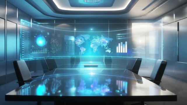 A futuristic boardroom showcases holographic displays of data, global maps, and charts. Futuristic design