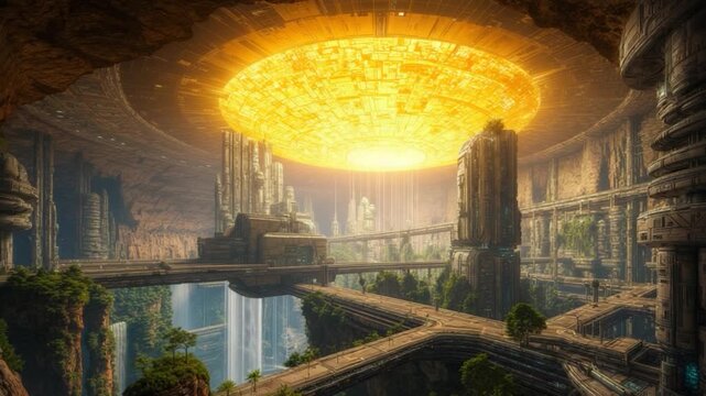 A futuristic cavern city, lit by a massive glowing disc, with waterfalls and bridges