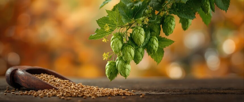 Plant featuring a branch of fresh hops and barley seeds pouring from a wooden scoop