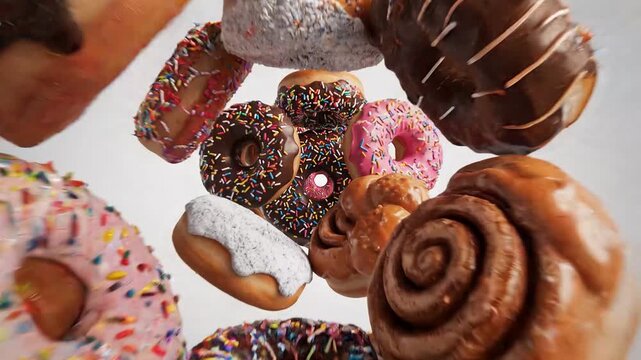 Dynamic close-up shot of assorted delicious donuts rotating and falling in slow motion against a clean white backdrop, featuring sprinkles, chocolate,