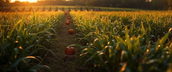 Fototapeta premium Halloween Entertainment Maze Featuring Corn Leaves in Sunny Evening with Maize Farm and Harvest